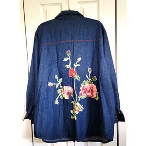 Florissant‎ NY 1X Women's Denim Shirt. Pink Roses Patchwork Cotton L/S Blue Jean
